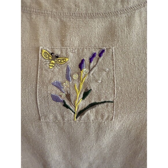 Silk Linen Embroidered Midi Dress Beige Floral Bee Detail 3X Boho Coastal Resort - Picture 4 of 10